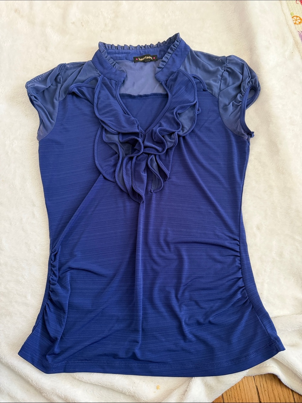 HeartSoul Ruffle V-Neck Short Sleeve Top - Blue